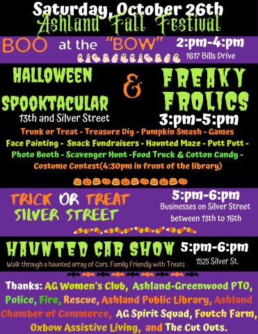 List of events happening on Oct 26th. From 2-3pm Oxbow has trunk to treat. 3-5pm Downtown games, trunk or treat, and activies. 5-6pm trick or treak the downtown businesses and stop and the haunted car show.